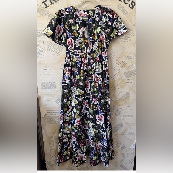 Anthropologie The Somerset Maxi Dress Tiered Smocked DarkGray Pink Purple Motif - Picture 4 of 7